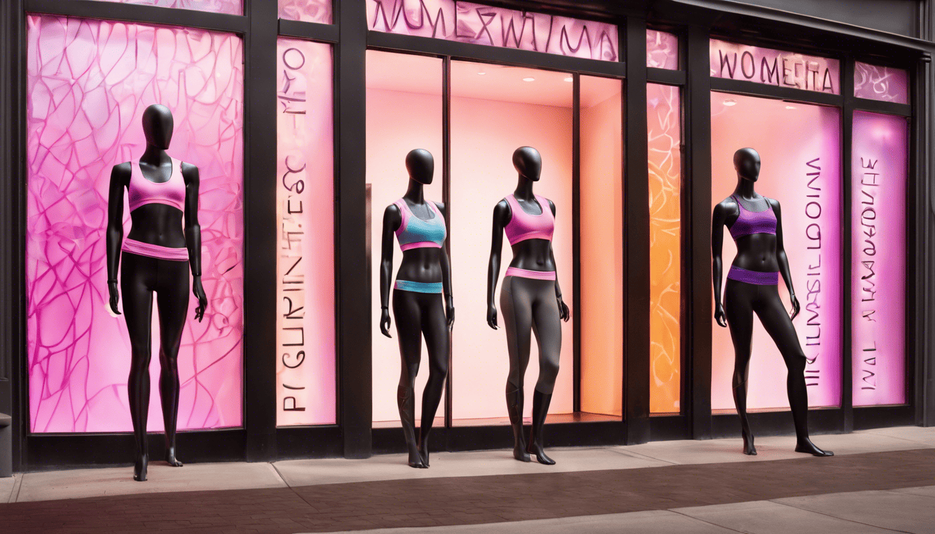 Athleta store facade at dawn with empowering women text and sporty mannequins