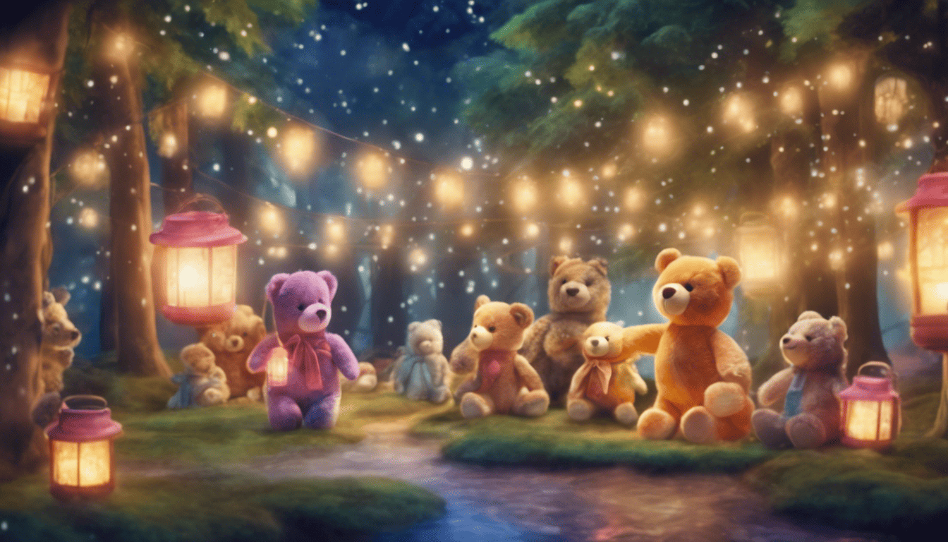 Magical Build-A-Bear forest with lively stuffed animals and floating lanterns in vivid colors.