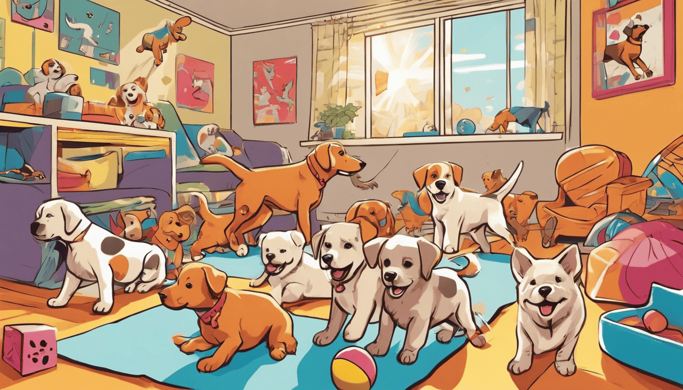 Comic book style illustration of playful mixed-breed puppies in a daycare