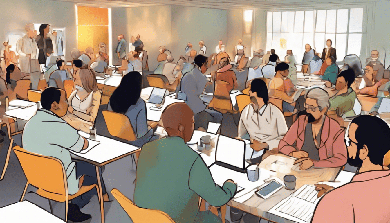Digital illustration of a health education workshop with warm evening light