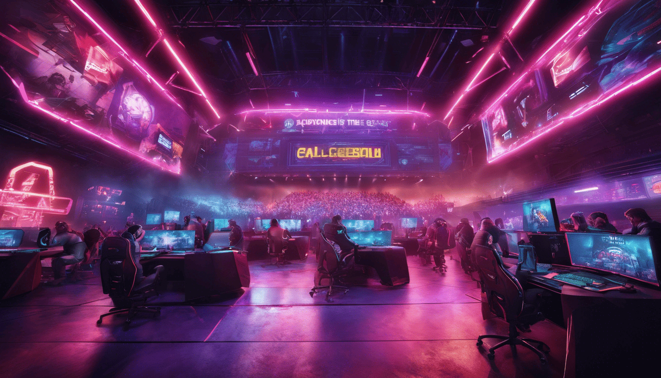 Vibrant esports arena with text about gaming careers