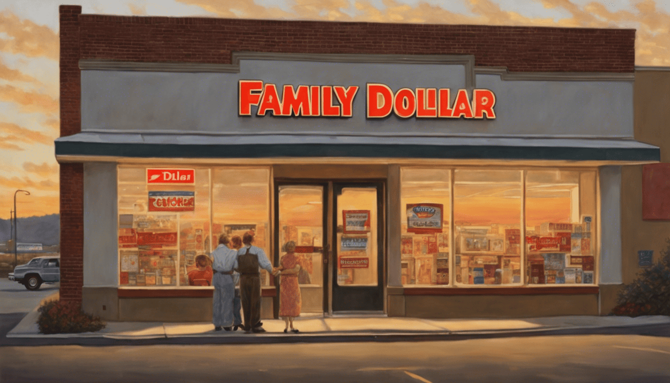American Realism painting of a candidate greeting customers at Family Dollar store at sunset