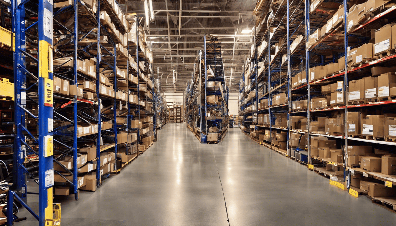 Fastenal warehouse stocked with tools and supplies, with workers collaborating in a well-lit environment