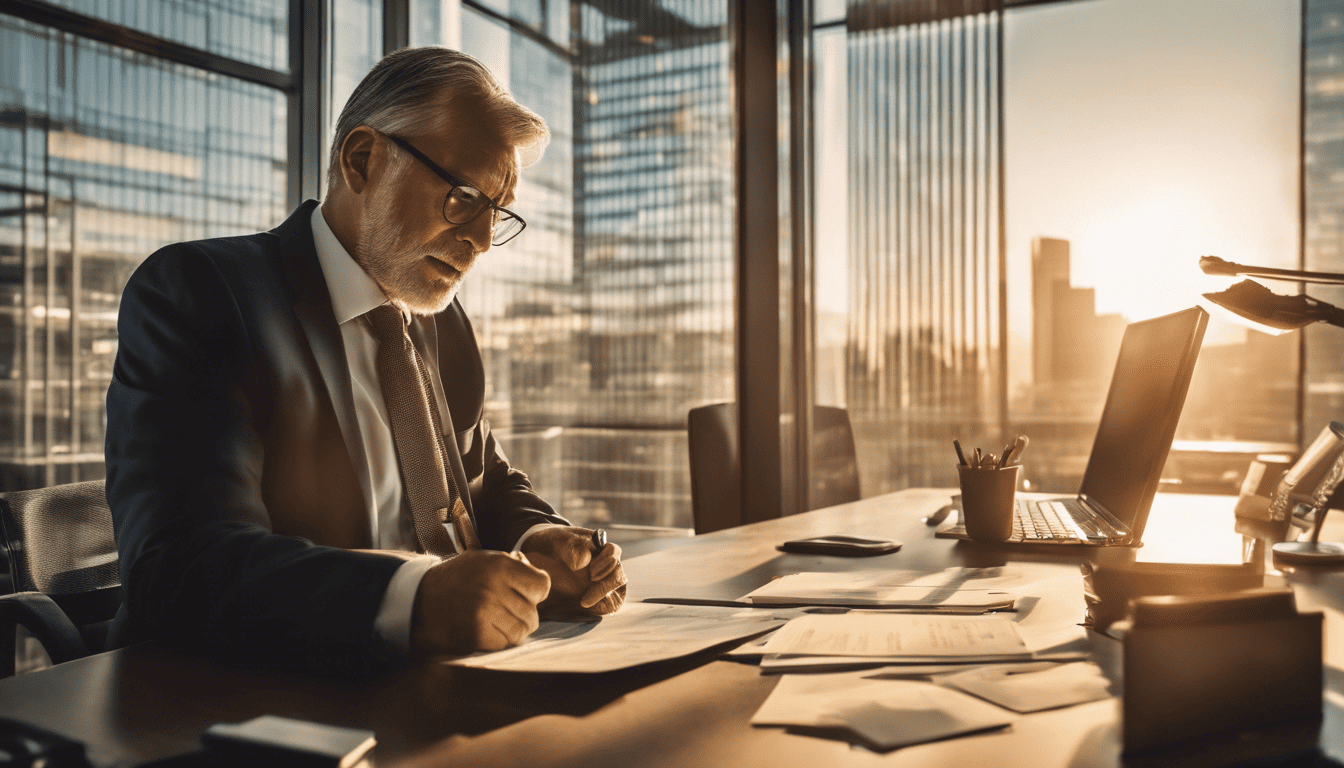 Finance Director in office with golden-hour lighting
