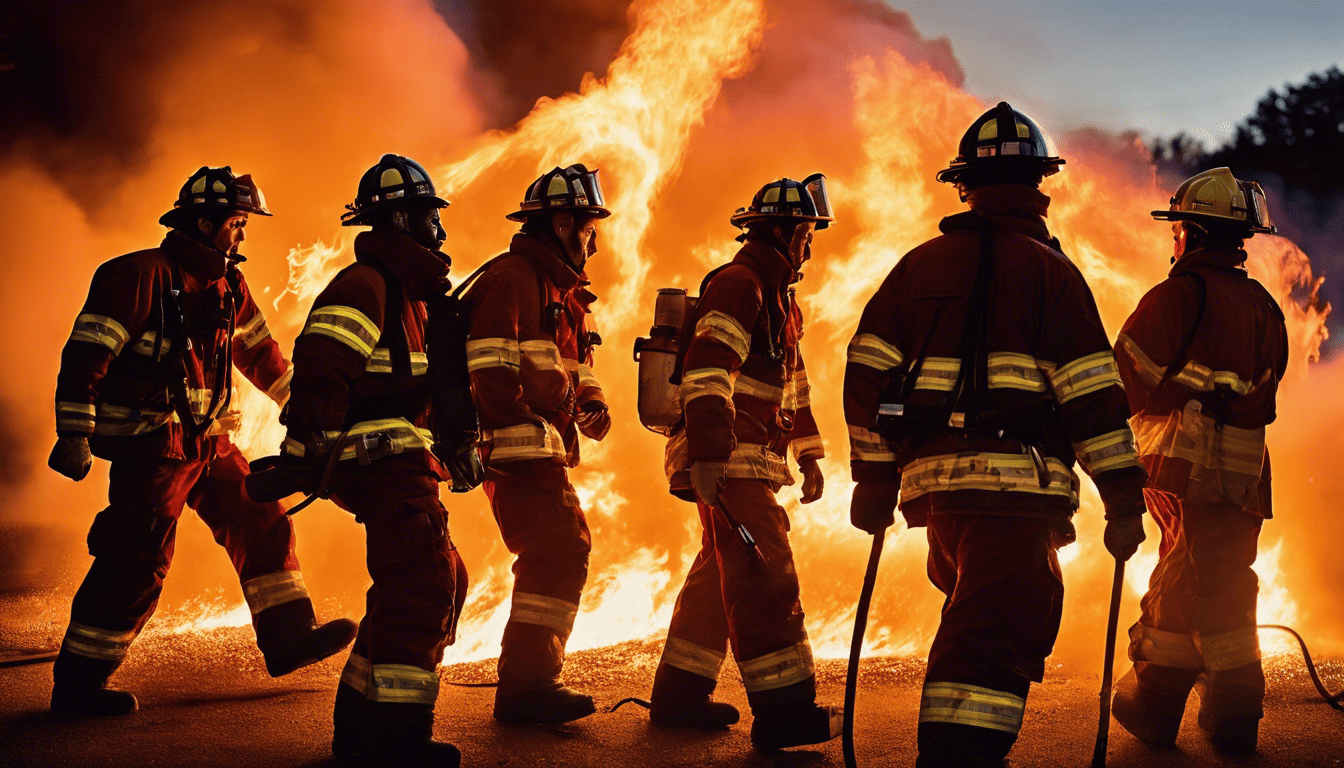 Intense firefighter training exercise at dusk with controlled fires