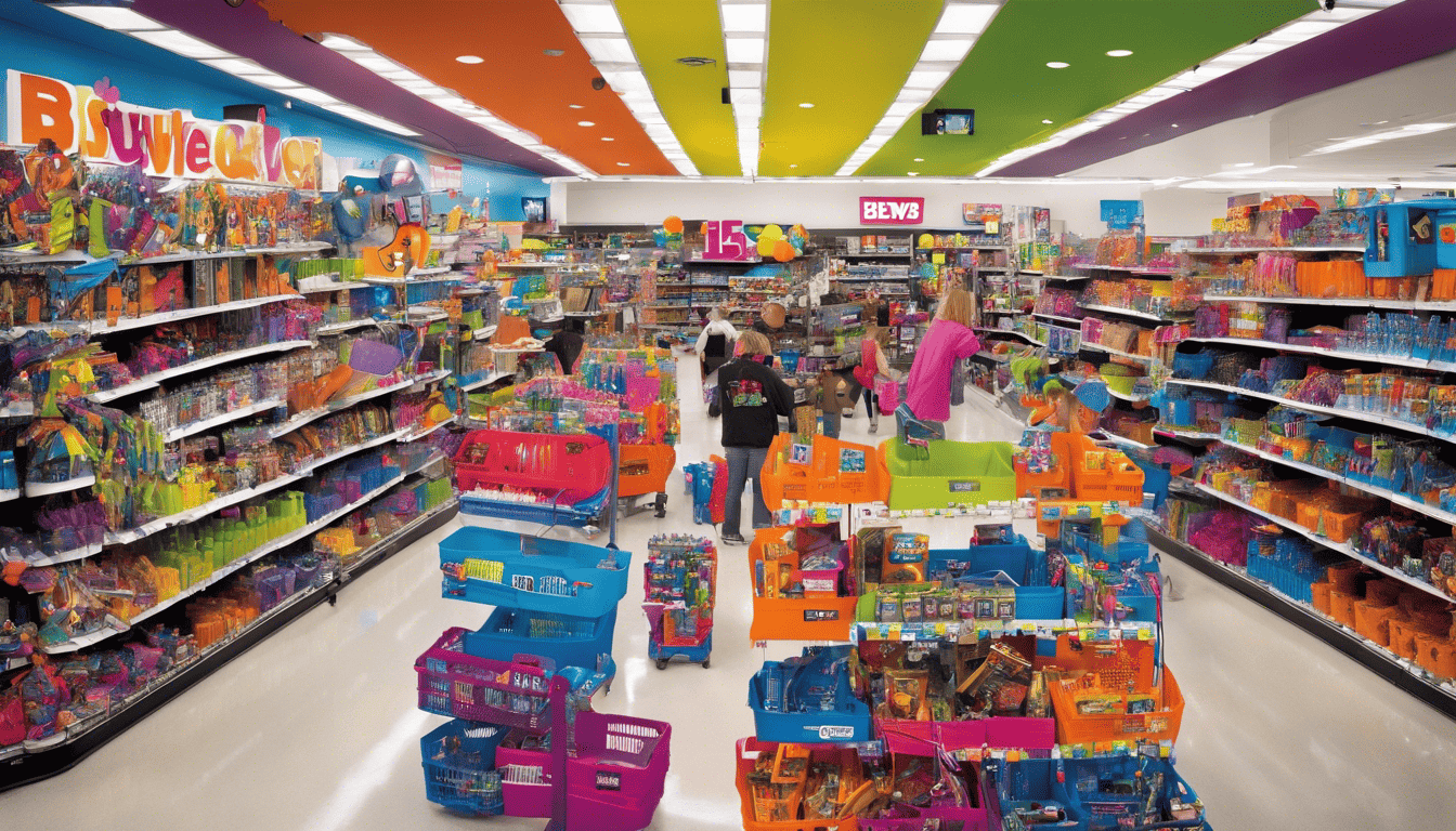 Cinematic image of a bustling Five Below store interior with colorful items and enthusiastic shoppers.