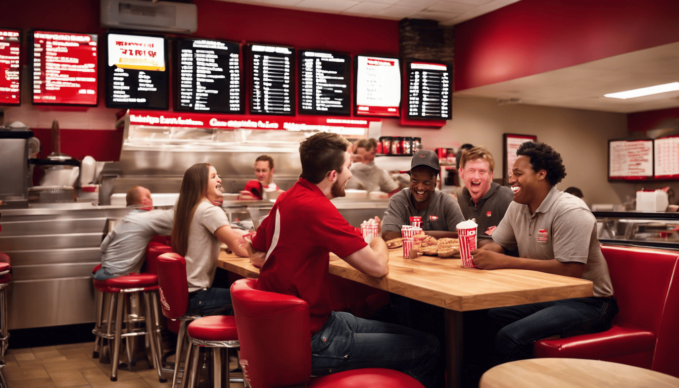 Five Guys employee interacting with cheerful customers in restaurant