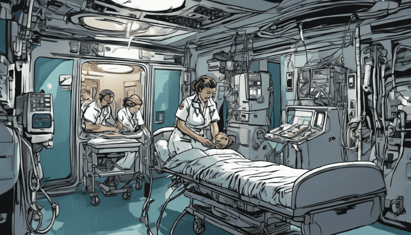 Comic book style illustration of a flight nurse performing emergency procedures mid-flight