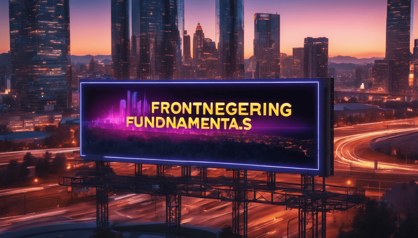 Neon billboard with Frontend Engineering text over cityscape at golden hour