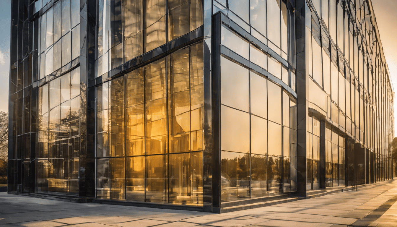 FTI Consulting logo reflected on a glass facade with sunlit charts and business professionals