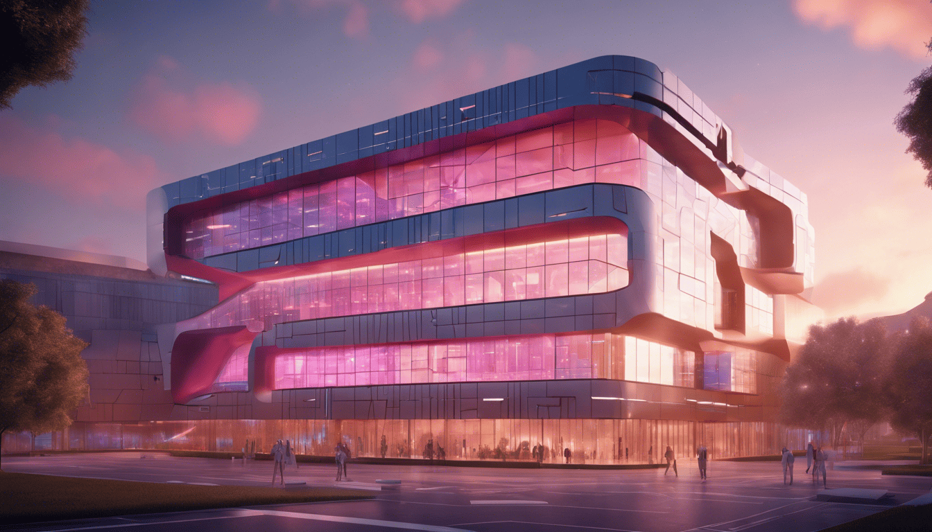 Cinematic 3D model of a futuristic AI innovation hub at sunset