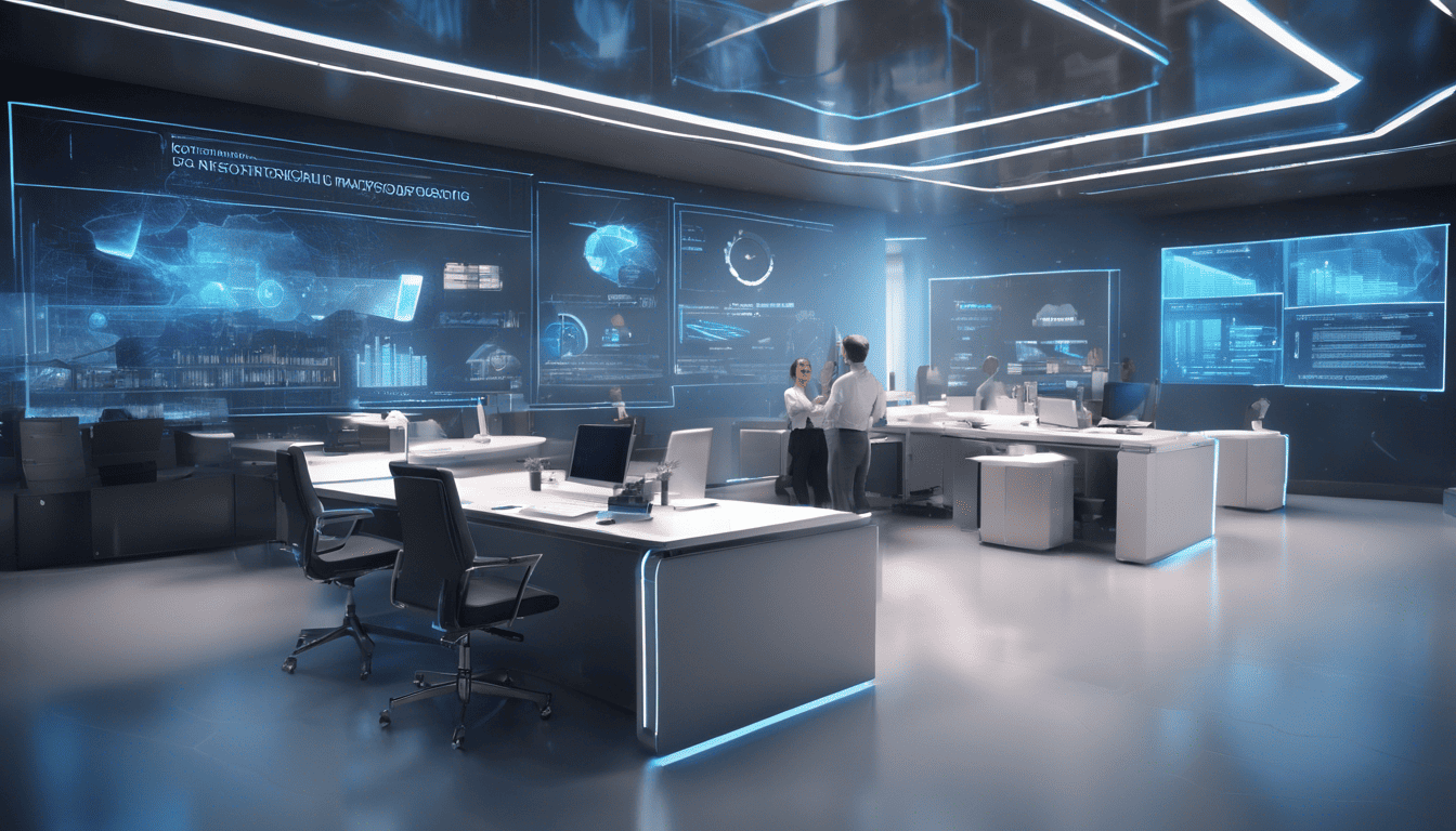 3D-rendered futuristic corporate office with holographic market analytics and strategic professionals