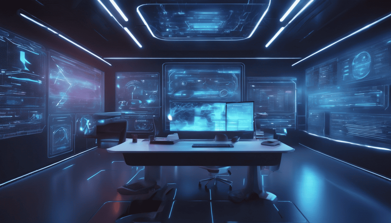 Futuristic cyber workspace with holographic screens displaying SQL performance tuning