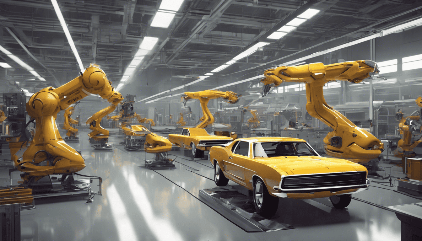 Futuristic Ford assembly line with robotic arms and electric vehicle