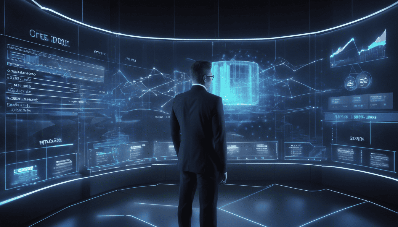 3D model of a fund accountant with futuristic holographic interface