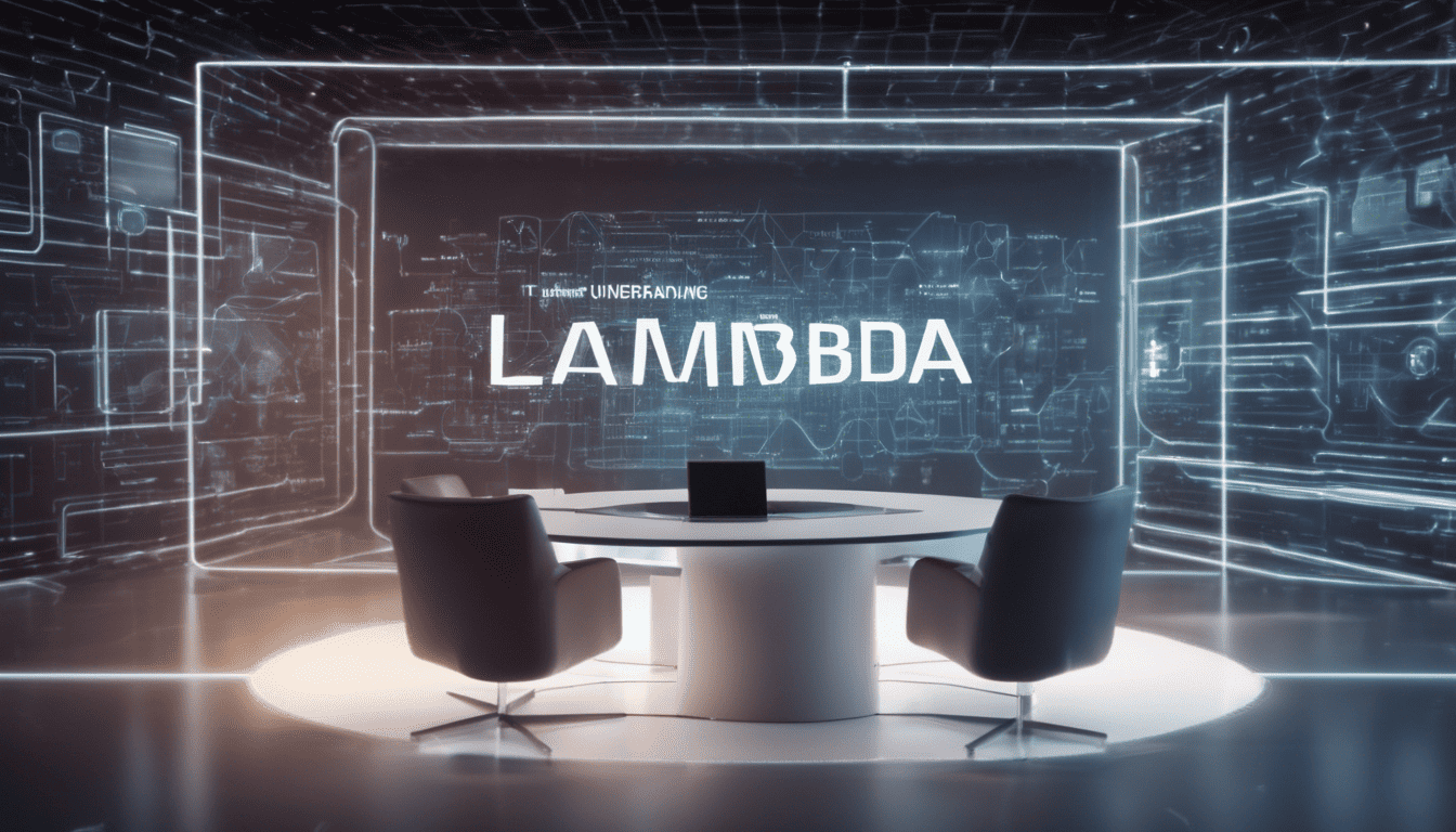 Futuristic holographic display showing text for AWS Lambda technical interview guide