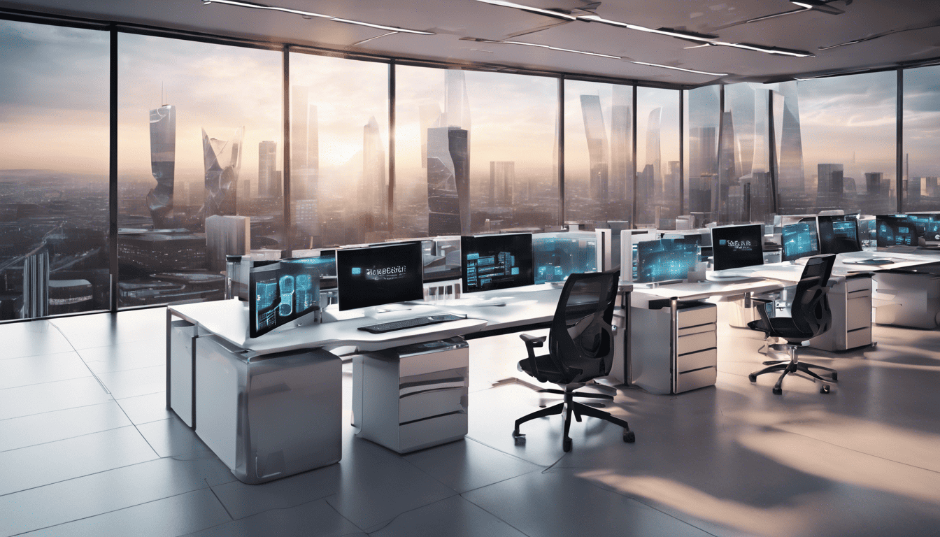 3D-rendered modern IT office with Dynatrace data dashboards and sunrise cityscape backdrop
