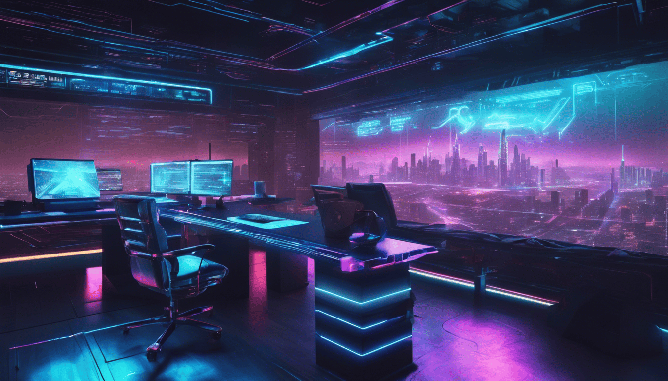 Cyberpunk style holographic Java Server Pages interface with panoramic cityscape