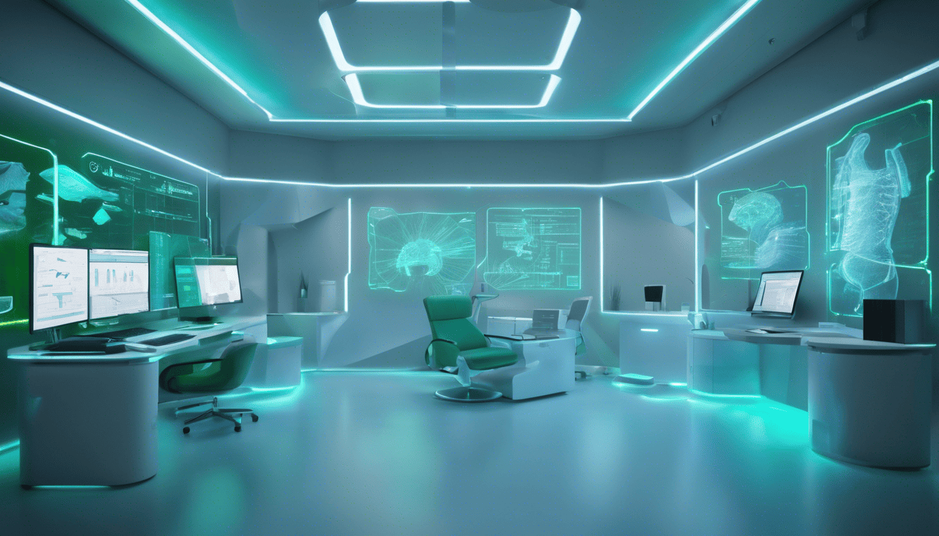Futuristic office with blue and green ambient lighting and healthcare holograms