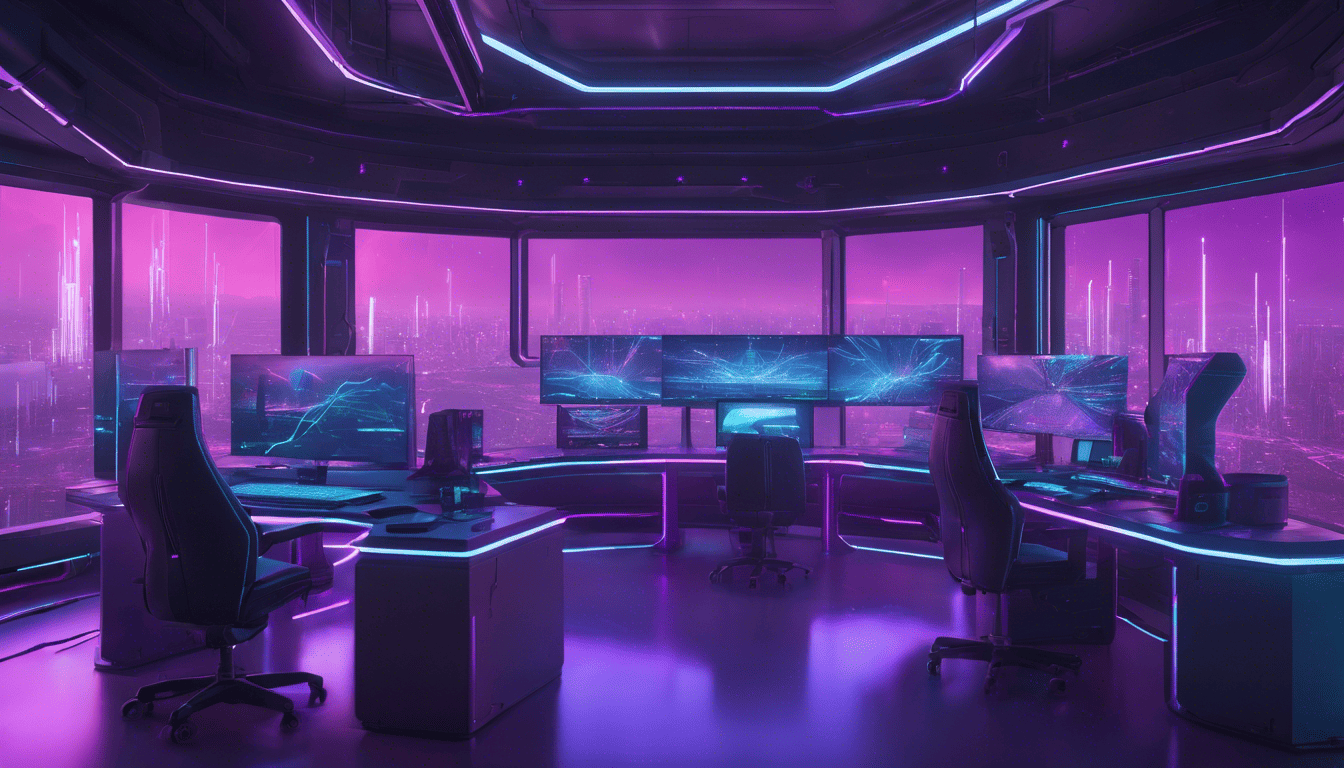 High-tech command center with holographic PySpark visualizations and city skyline in the background.