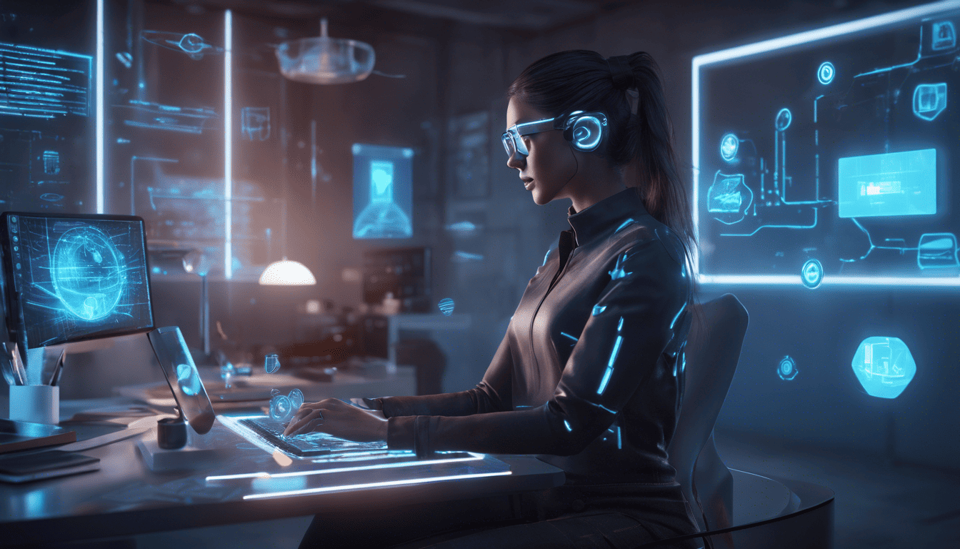 Cyberpunk virtual assistant with futuristic holographic display in a home office.