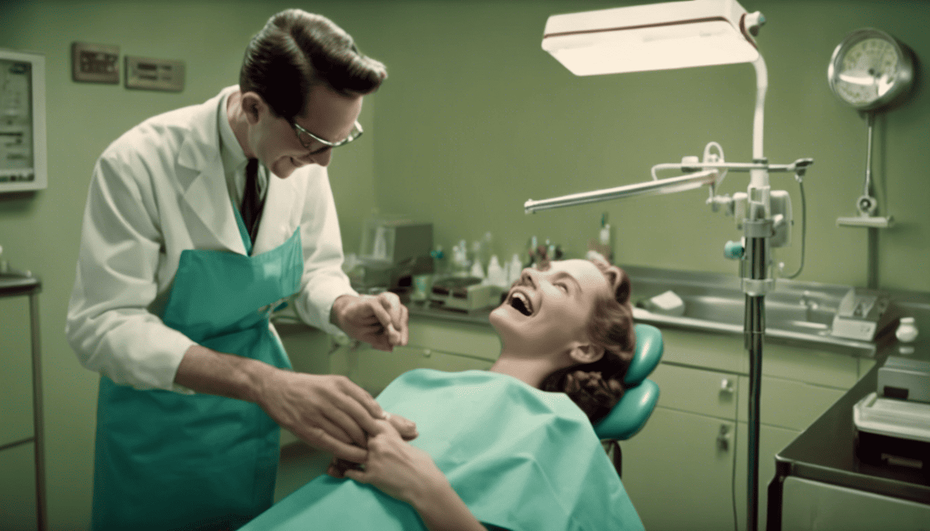 1950s-style image of a caring dental hygienist at work