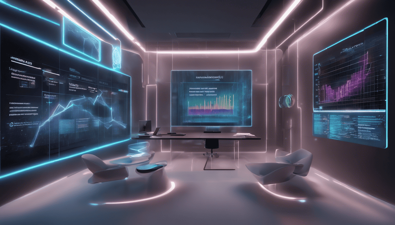Futuristic hologram display showing 'Understanding the Giglione-Ackerman Agency' with financial graphics in a modern office.