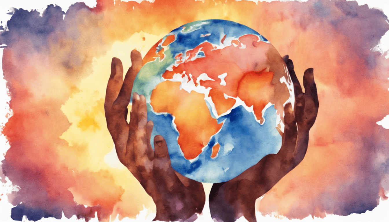 Digital watercolor of globe with Goodwill's Mission text, held by diverse hands.