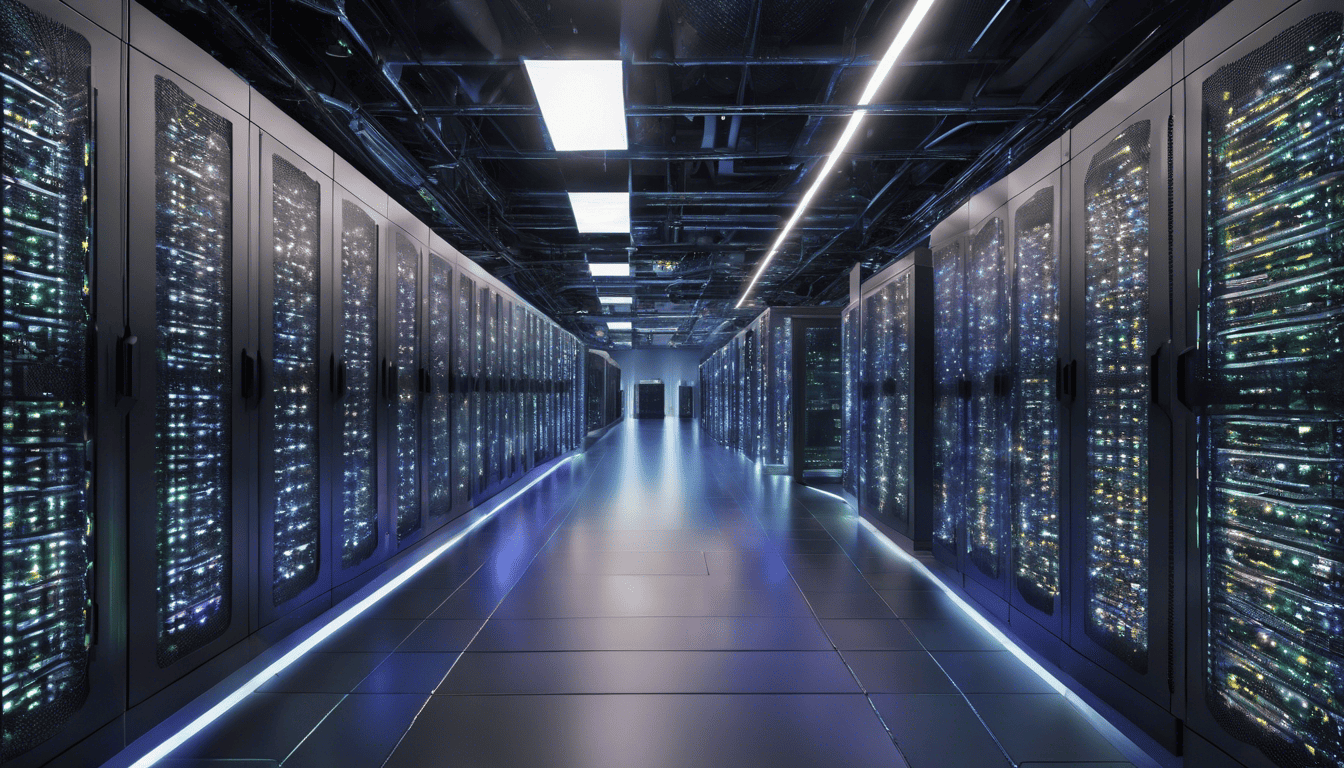 Google data center servers with flickering LEDs in HDR