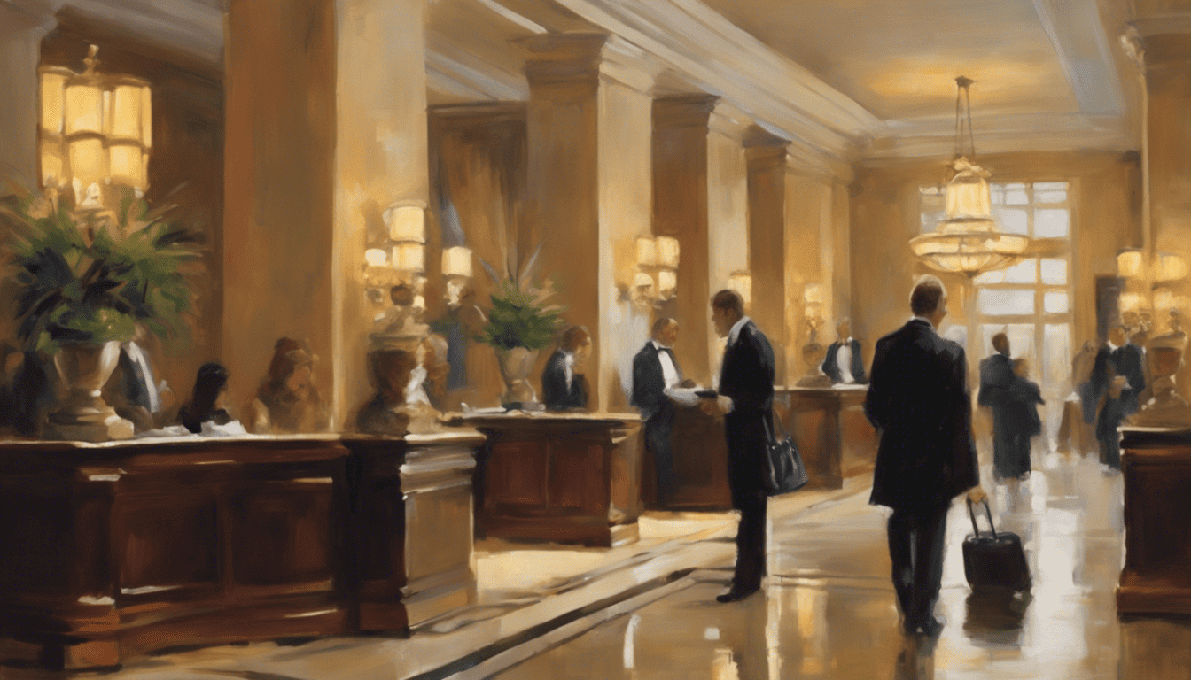 Oil painting of a front desk agent at a grand hotel foyer