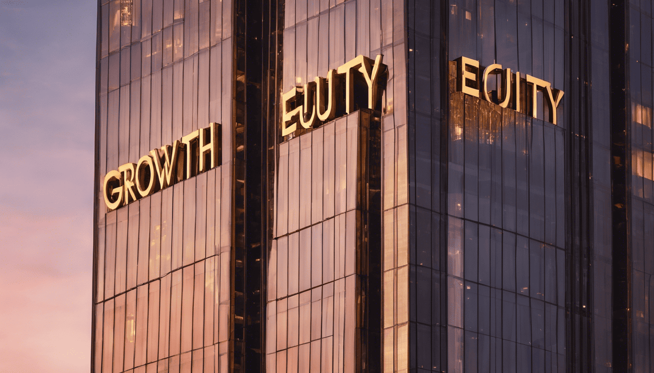 Glowing text 'Growth Equity Insights' on a skyscraper at dusk