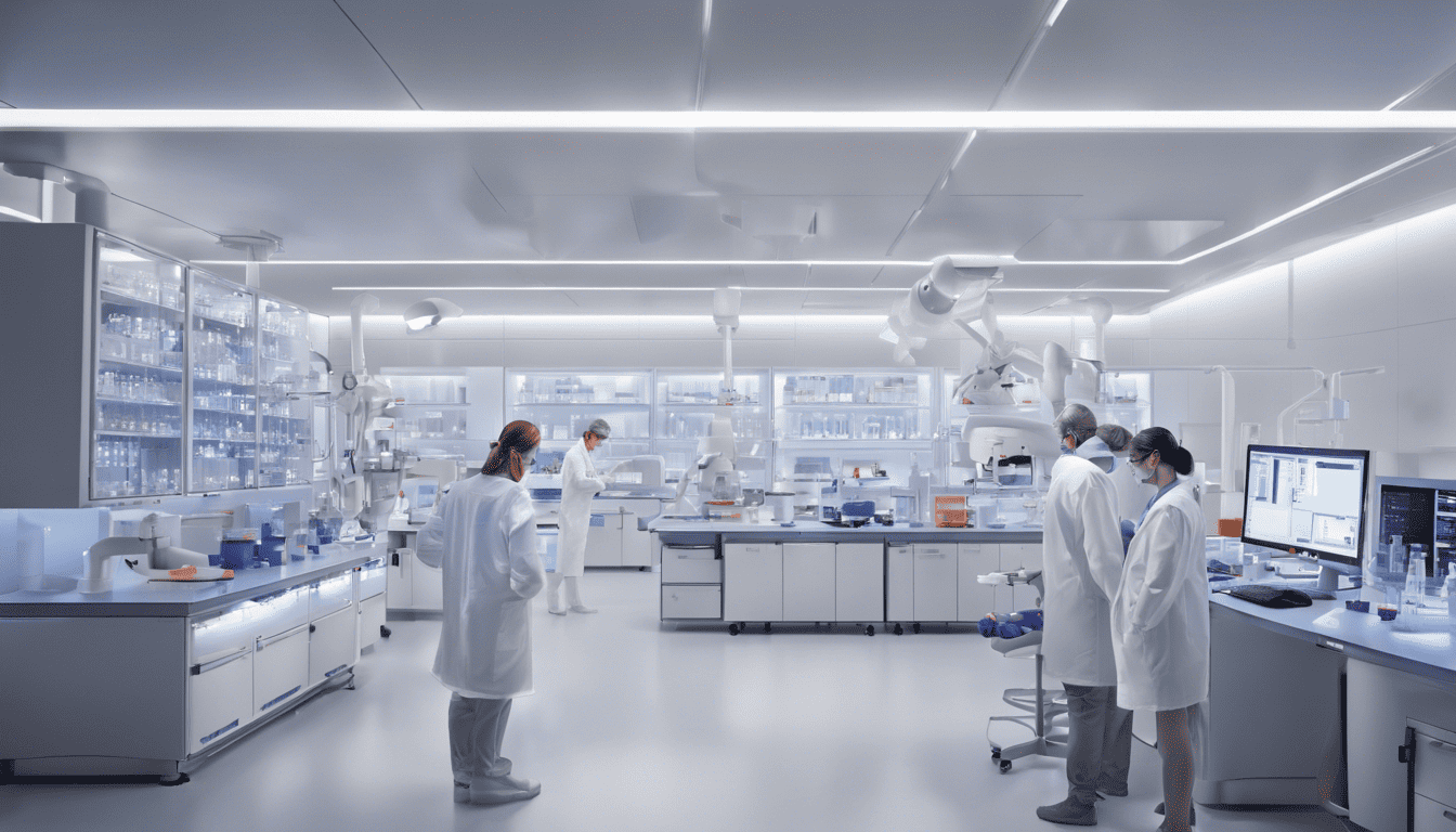 3D model of a futuristic GSK pharmaceutical laboratory with focused researchers