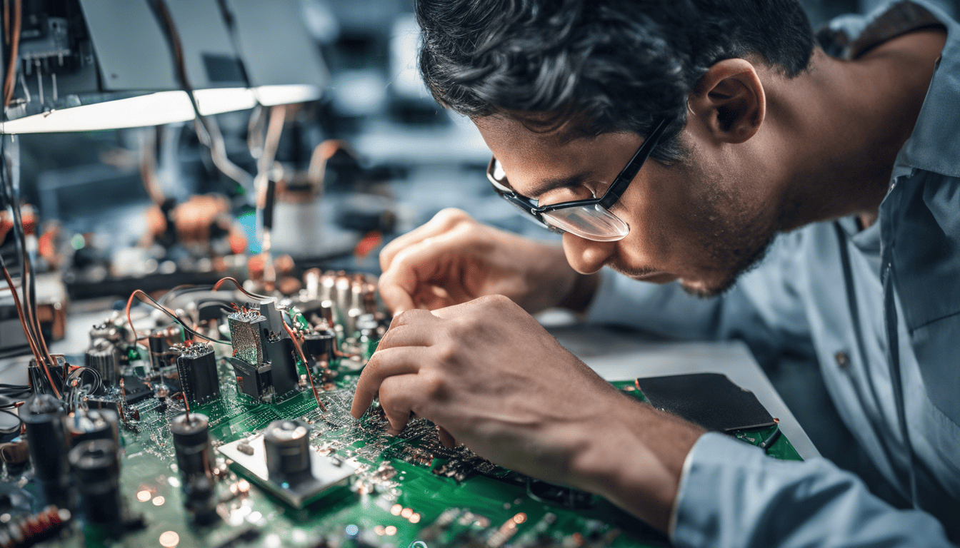Hardware engineer soldering circuits with precision in a well-lit lab
