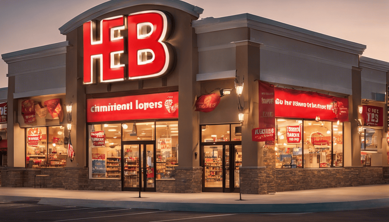 H-E-B supermarket storefront glowing during golden hour