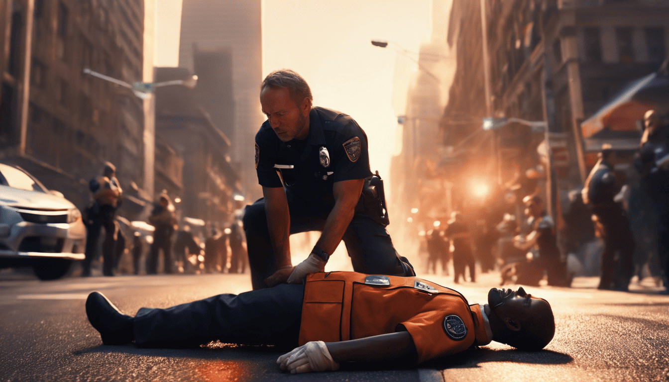 Cinematic image of an EMT performing CPR during golden hour on a bustling city street.