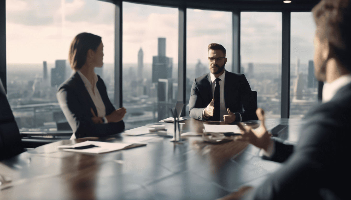 Account Representative in boardroom with city view