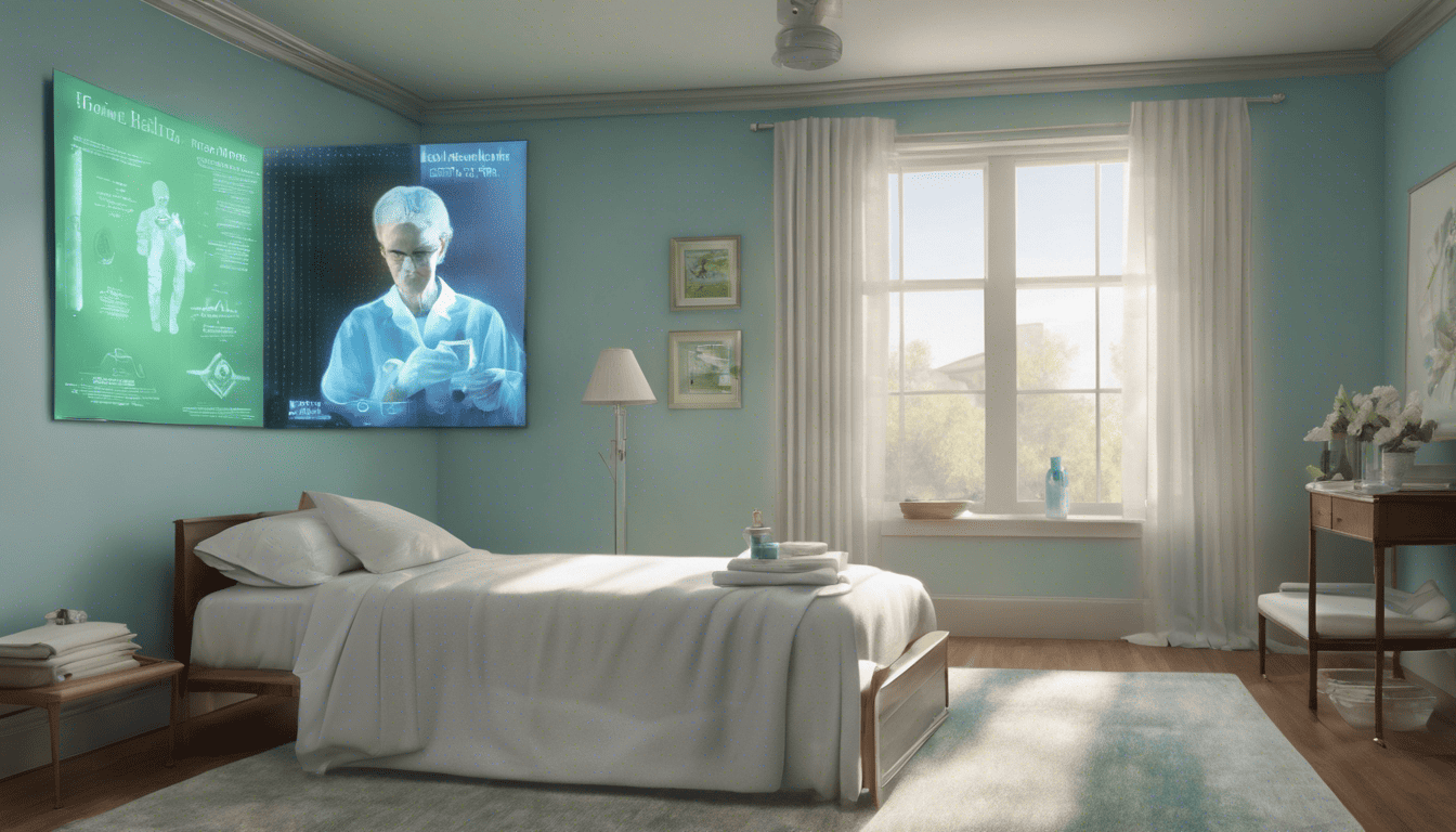 Serene hologram featuring 'Home Health Aide Role Insights' in a modern living space with a medical kit