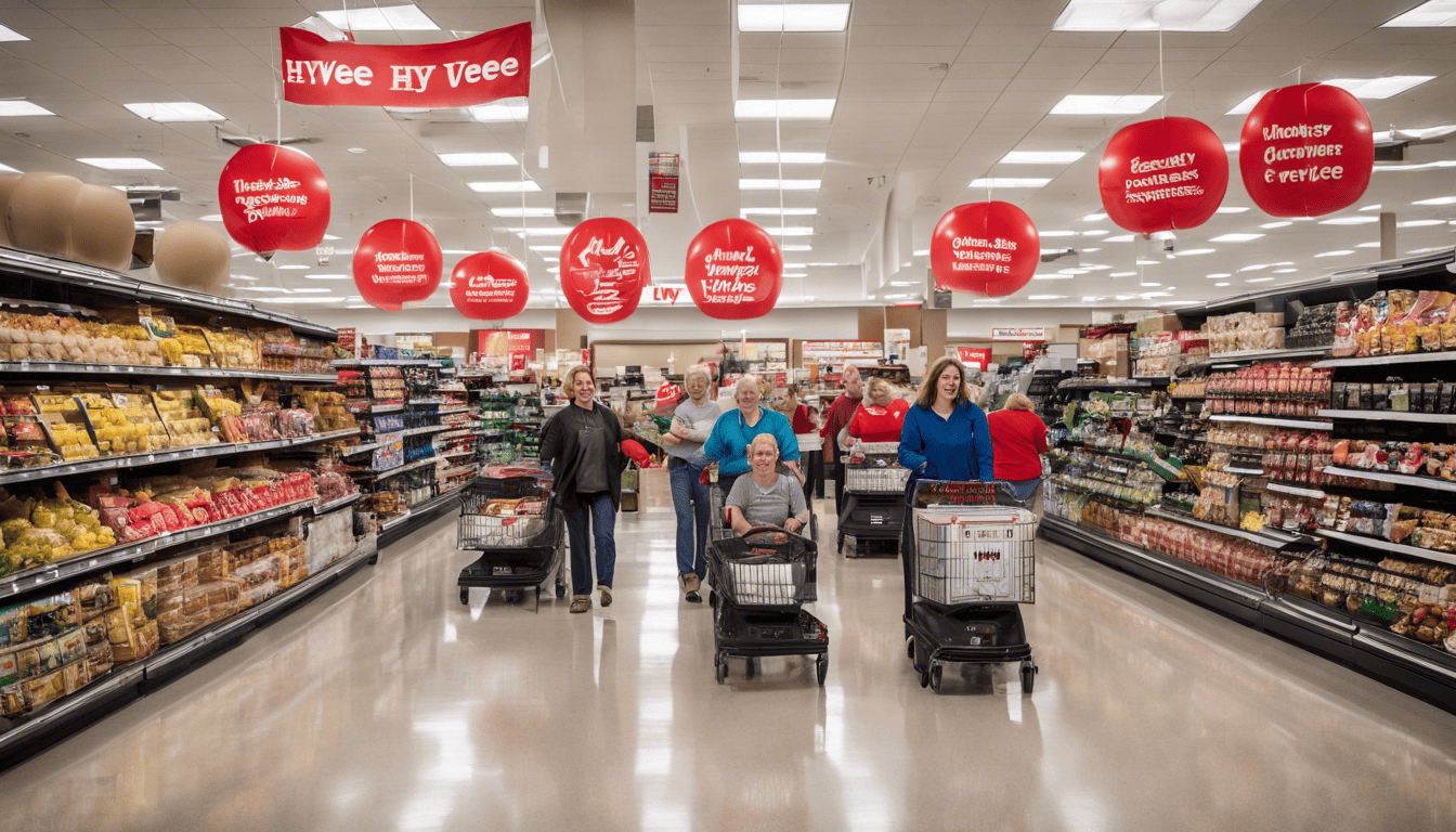 Photograph of a busy Hy-Vee aisle with engaging staff