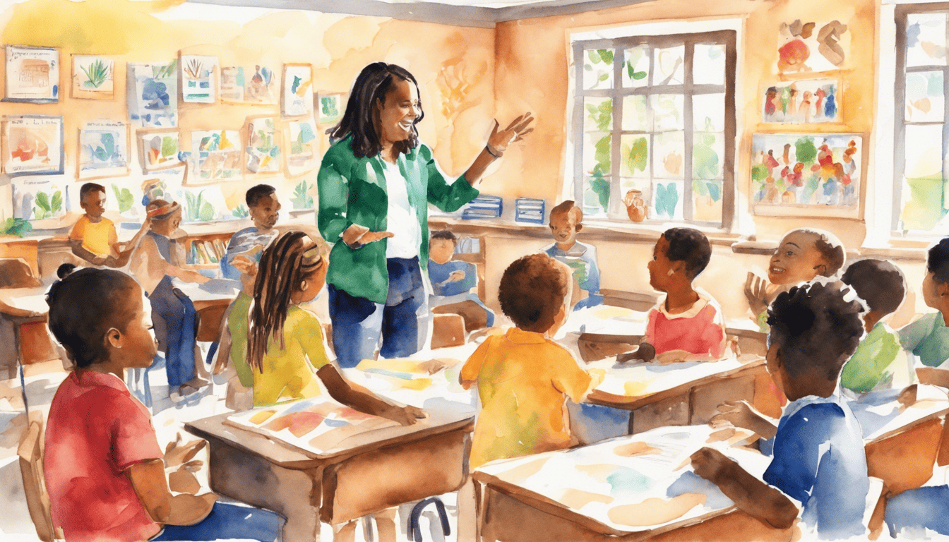 Special education teacher using sign language with diverse children in a sunny classroom, watercolor style