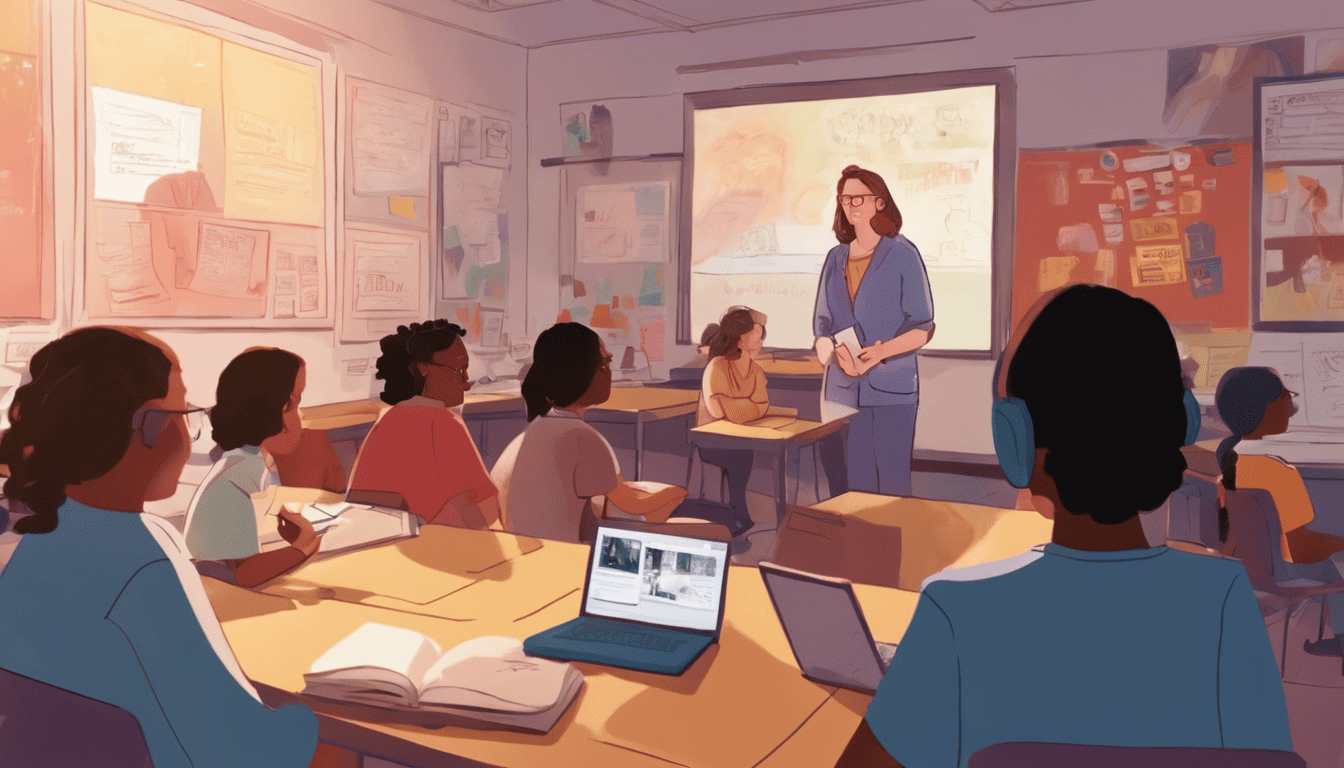 Digital illustration of a vibrant classroom with educators and students collaborating under ambient lighting