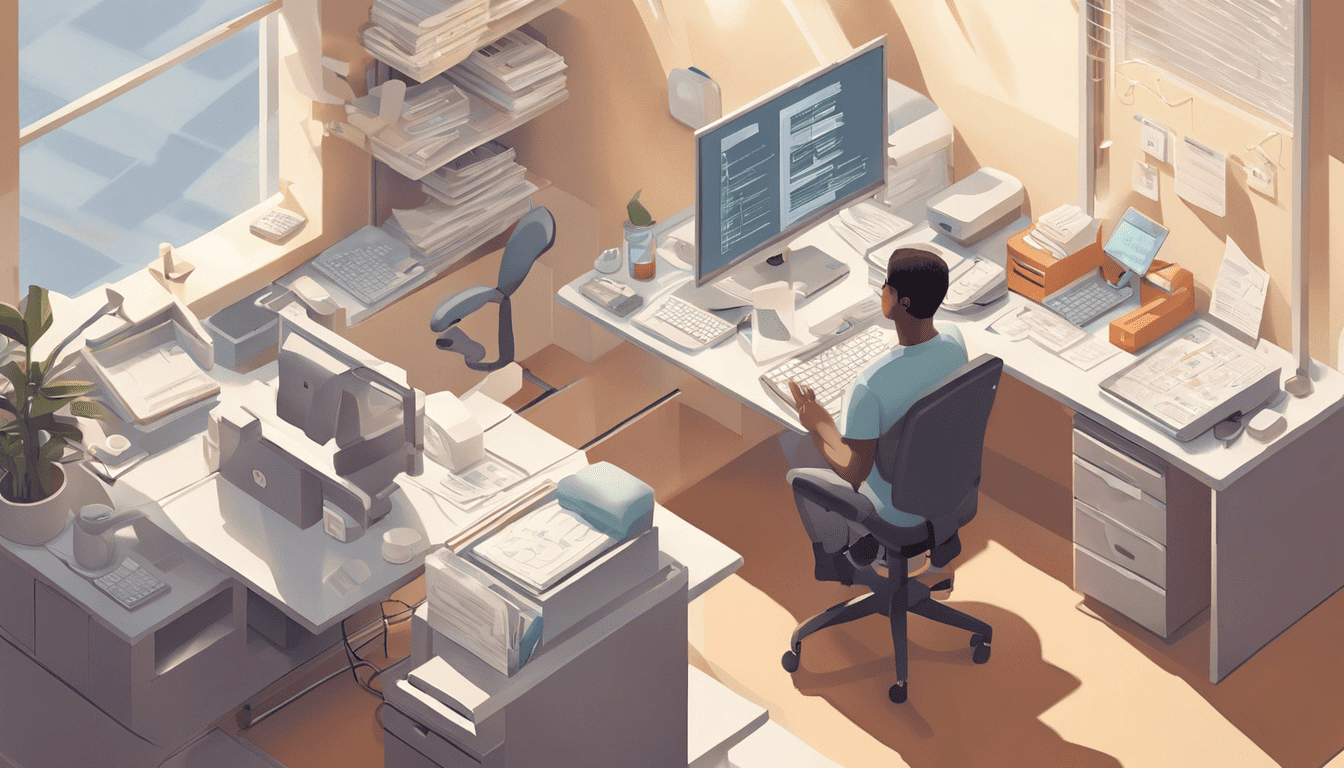 Isometric view of an intake coordinator's desk with morning light.
