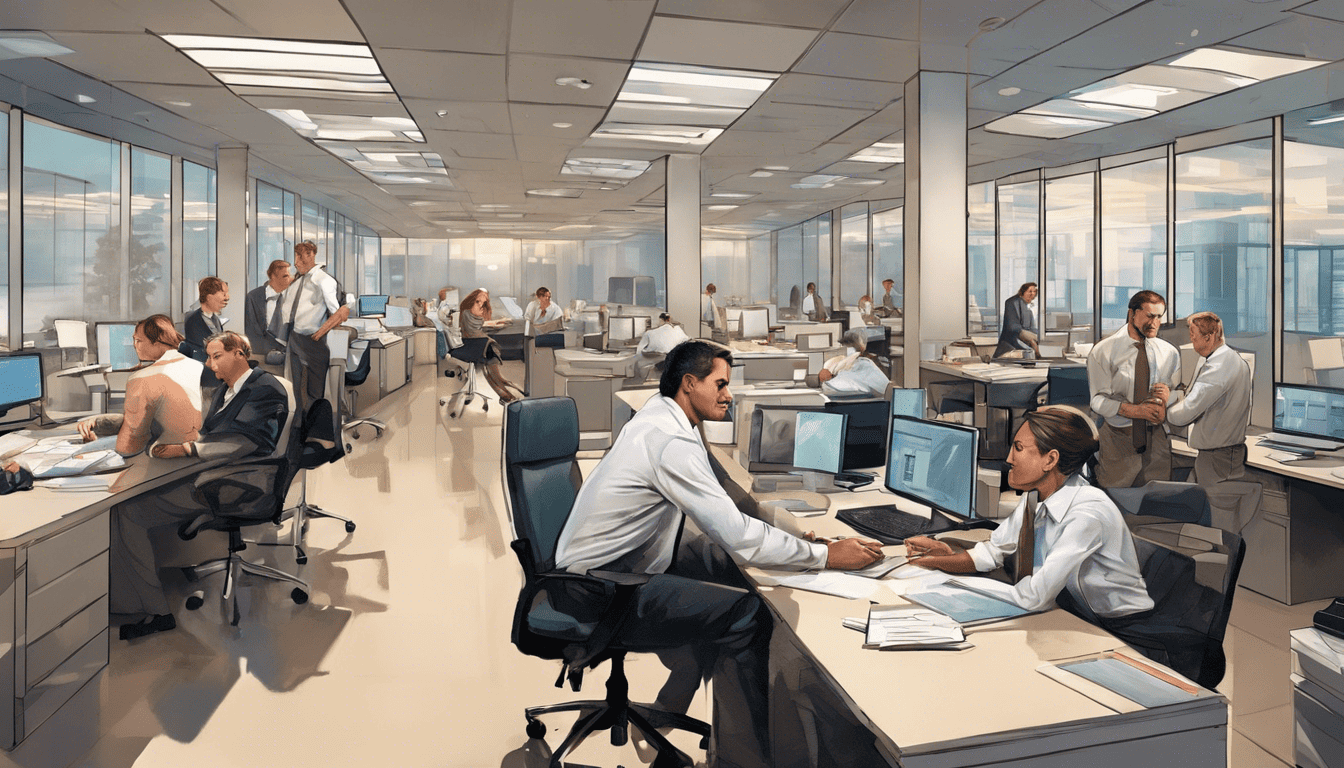 Hyper-detailed digital illustration of International Paper's hiring discussion in modern office ambiance