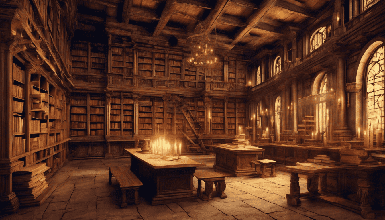Ancient library with candlelit scrolls displaying Java multithreading concepts in Renaissance style