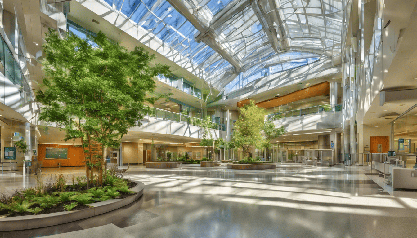 Modern Kaiser Permanente hospital interior with natural lighting and green plants