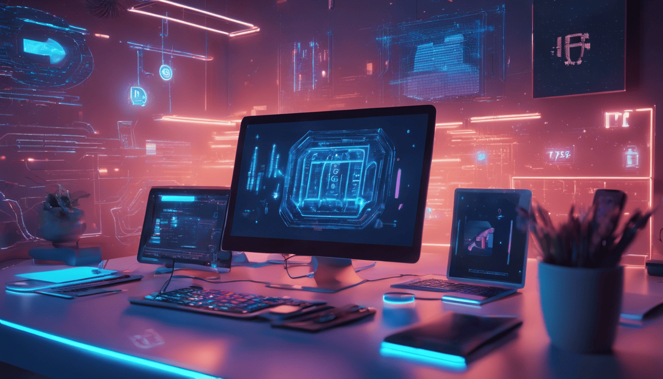 Futuristic holographic workspace with Kotlin code