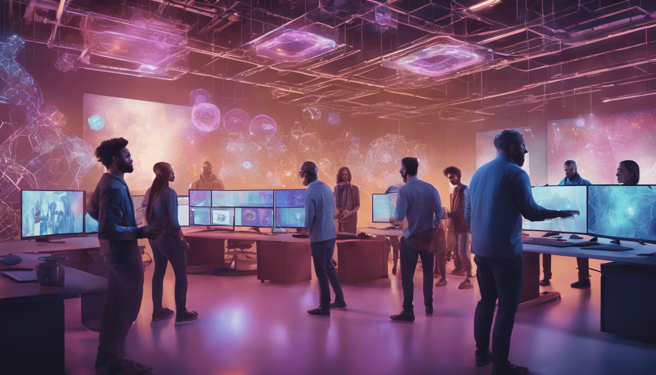 Professionals around holographic Kubernetes cluster in high-tech office