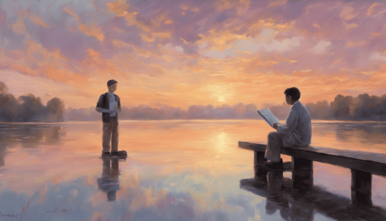 Interview by a lake at sunrise, student conversing about a medical career