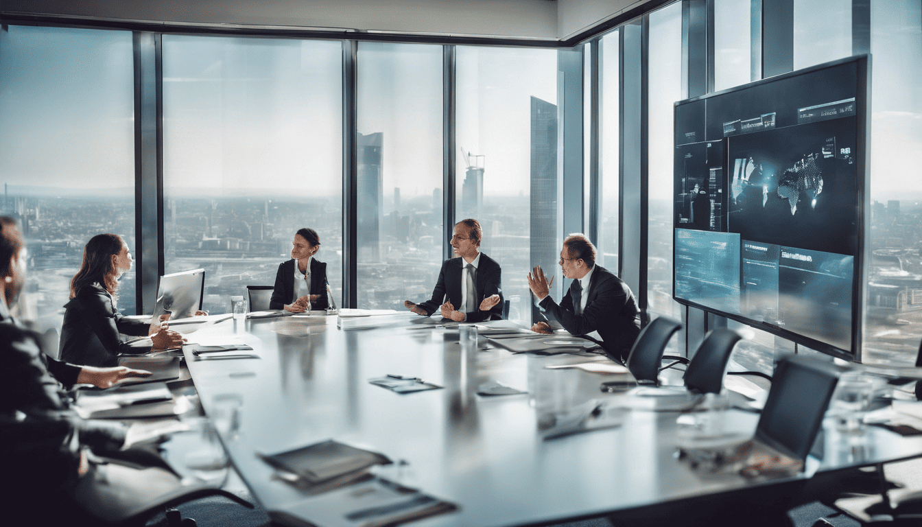 Finance manager in a meeting room with interactive screens and city view