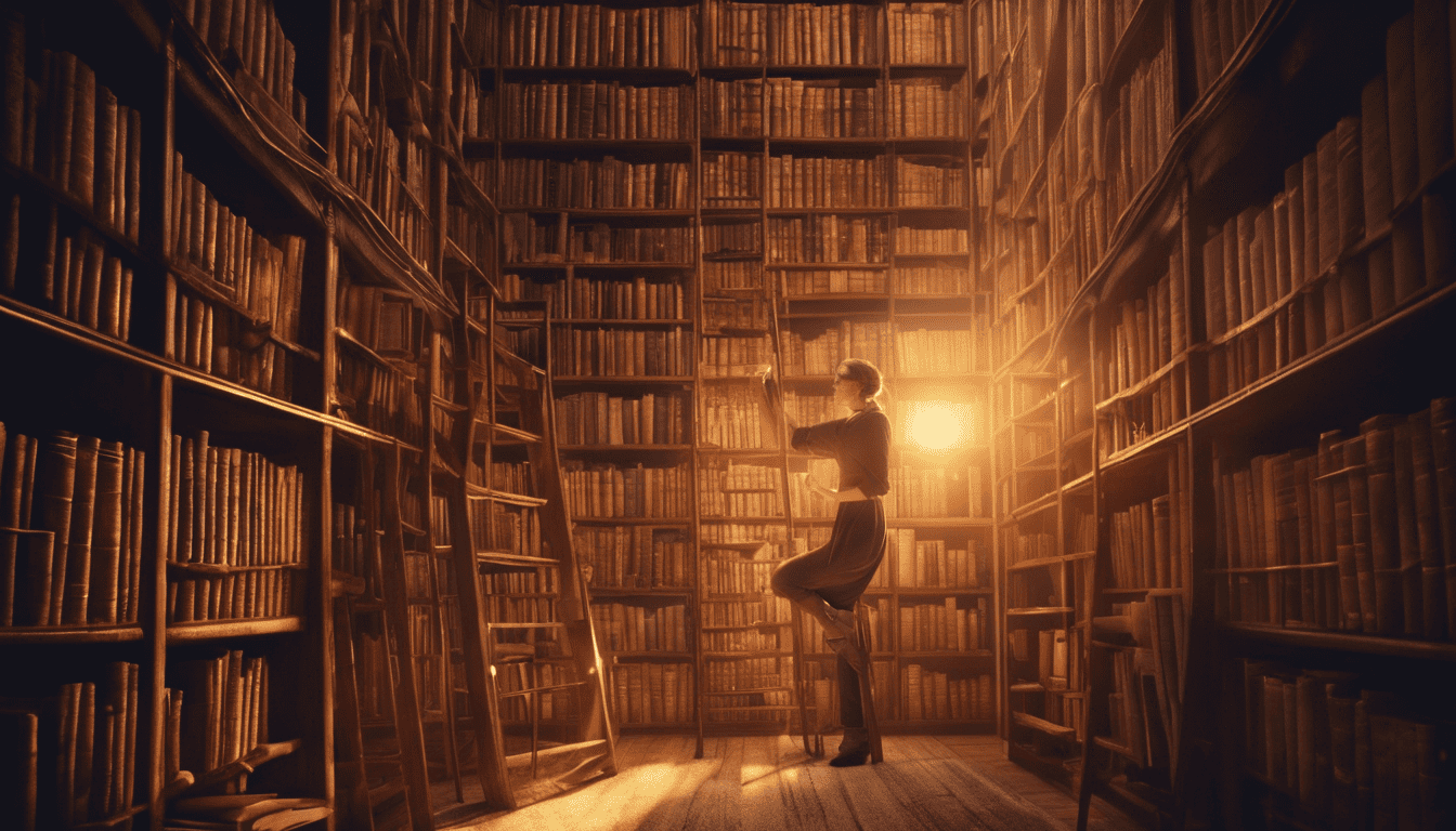Librarian amidst towering bookshelves in a well-organized archive