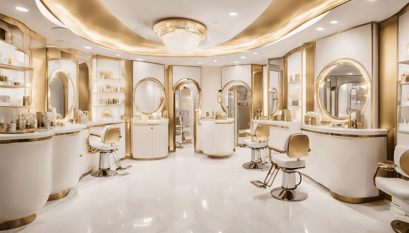 Luxurious European Wax Center interior, professional staff, ambient golden lighting